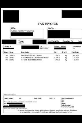 This screenshot shows a Patties Foods invoice for almost $150,000.