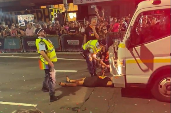 Lidia Thorpe lying on the street and temporarily halting the Sydney Mardi Gras parade in 2023.