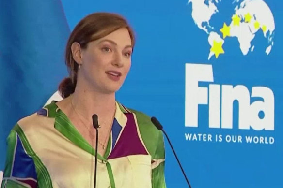 Cate Campbell addresses FINA members before the vote.