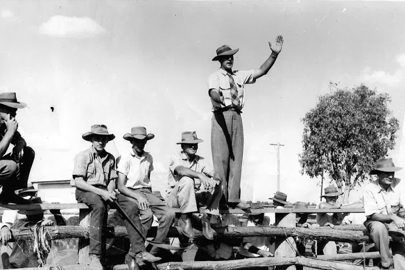 Auctioneer Don Henning at work in Wallumbilla in 1966. A whopping 7500 white-faced Herefords were sold that day, a record for the time. 