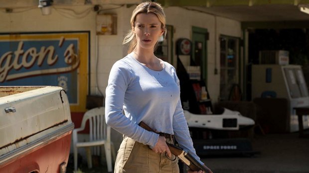 Actress Betty Gilpin in a promotional image from the film "The Hunt", which also stars Oscar-winner Hilary Swank.
