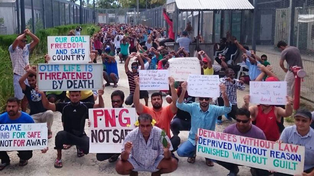 Refugees and asylum seekers protest at the Manus Island immigration detention centre in Papua New Guinea. 