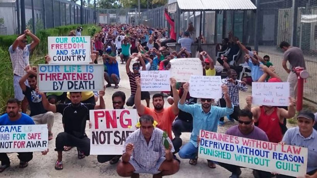 Refugees and asylum seekers protest at the former Manus Island immigration detention centre in Papua New Guinea. 
