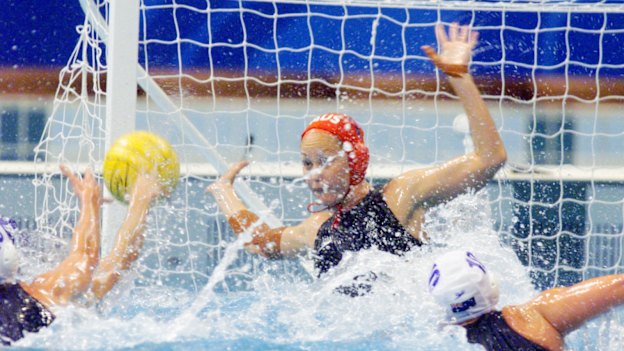 Liz Weekes makes  a save for Australia in the gold medal match.