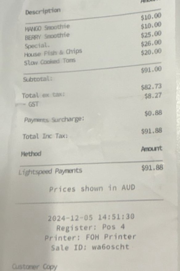 The bill for lunch at the Wharf Street Cafe in Nambucca Heads