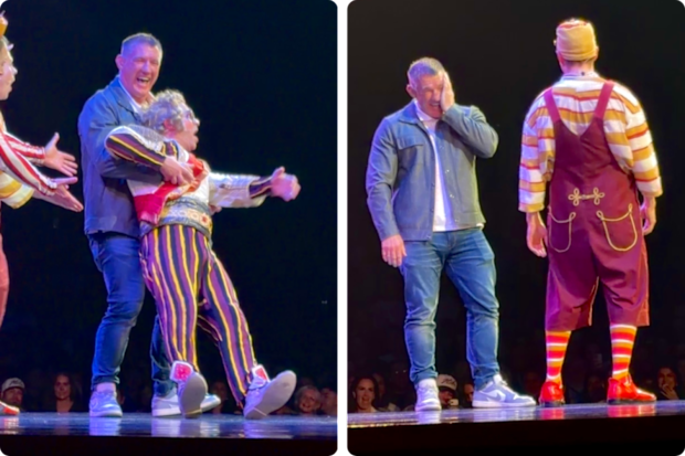 Paul Gallen clowning around on stage at Cirque du Soleil’s KAZOO