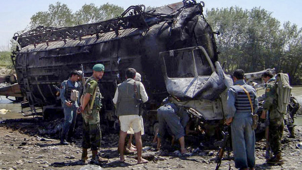 One of two burnt fuel tankers after the bombing near Kunduz, Afghanistan, in 2009.