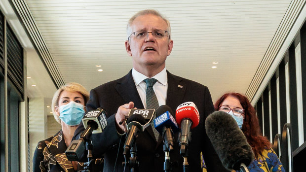 Prime Minister Scott Morrison speaks during a press conference at the Crown Perth Convention Centre in Perth, Wednesday, March 16, 2022.