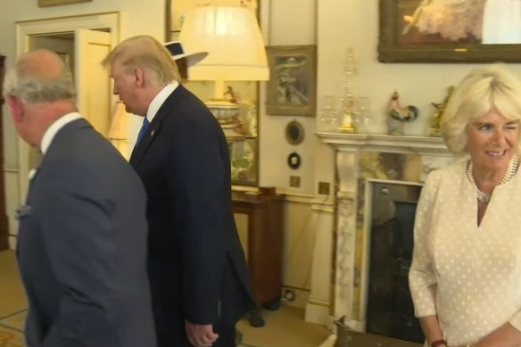 Camilla’s mischievous wink behind the backs of Charles and then US president Trump during a 2019 state visit became a social-media sensation.