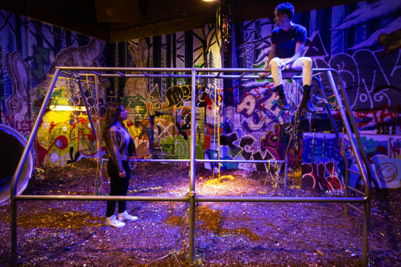 Artemis Ioannides and Keegan Joyce in the labyrinth of Because The Night.