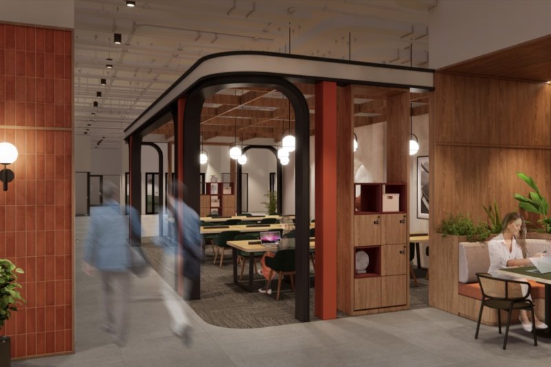 A rendered image of a hot desk zone inside the Emporium co-working space.