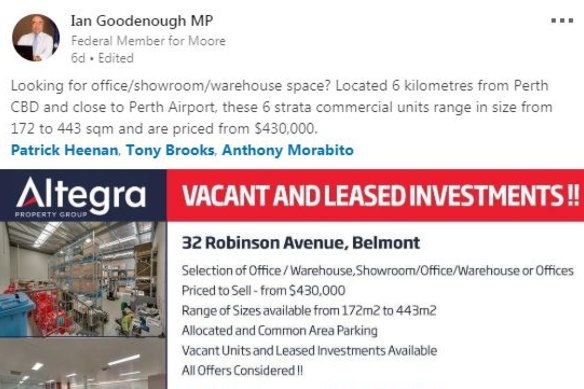 "All offers considered": Moore MP Ian Goodenough advertising properties for sale on LinkedIn.