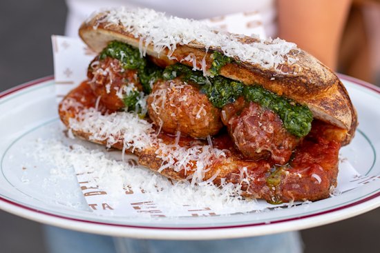 Mortadeli’s meatball sub with basil pesto and parmigiano.