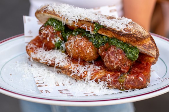 Mortadeli’s meatball sub with basil pesto and parmigiano.