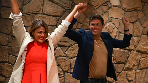 Labor’s Jerome Laxale at his election night party after he retains his Bennelong seat in Sydney.