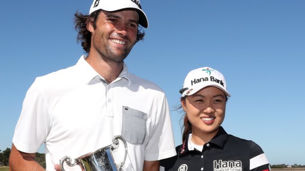 Winning grins: Men's and women's Vic Open winners Simon Hawkes and Minjee Lee.