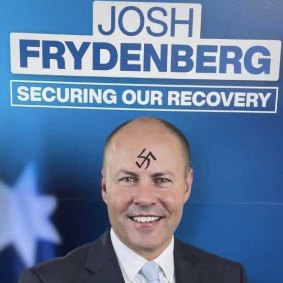 A Frydenberg poster with a swastika drawn on it.