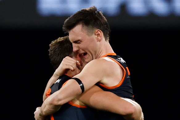 Patrick Cripps (left) and Jagga Smith of the Blues celebrate.