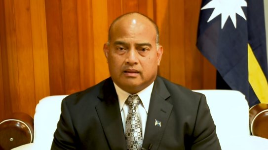 The President of Nauru, David Adeang, making the announcement on Monday afternoon. 