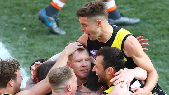 Jayden Short (top right) flies high after Richmond won the 2019 AFL flag. 