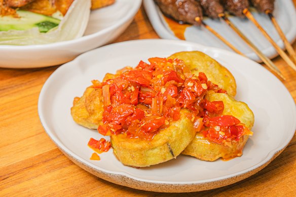Terong balado: fried eggplant with balado sambal.