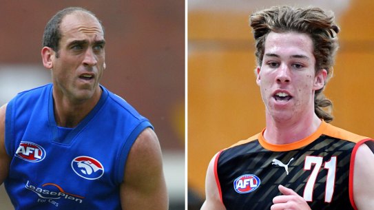 Matthew Croft, left, pictured playing for the Bulldogs, and draft prospect Jordan, right.