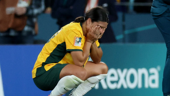 Sam Kerr is devastated after the final whistle in the World Cup semi-final between Australia and England.