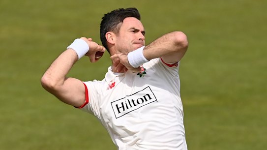 NOTTINGHAM, ENGLAND - MAY 04: James Anderson of Lancashire bowls during the LV= Insurance County Championship Division 1 match between Nottinghamshire and Lancashire at Trent Bridge on May 04, 2023 in Nottingham, England. (Photo by Gareth Copley/Getty Images)