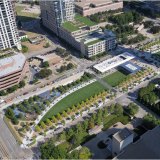 The 5.2 acre Klyde Warren Park in Dallas was created in 2012 over an eight-lane freeway and features active and passive spaces like children’s parks and reading spaces, fountains, game areas and dog parks, plus a 6,000-square-foot (estaurant and performance stage 
