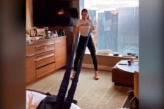 British tennis player Johanna Konta completes a gym workout in hotel quarantine.