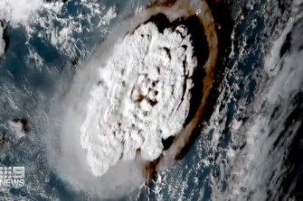 A satellite image of the volcanic eruption.