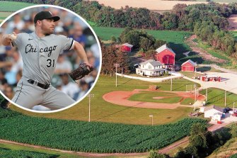 Liam Hendriks (inset) is looking forward to the Field of Dreams game. The field from the movie, pictured, was too small to be used for a major league game so a stadium has been custom built.