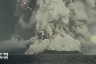 The explosion on Saturday off Tonga, with lightening seen nearby.