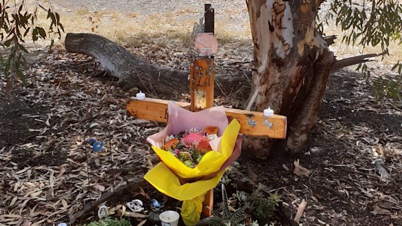 The memorial Harley Larking's family made for him in the vacant block where he died in Epping.