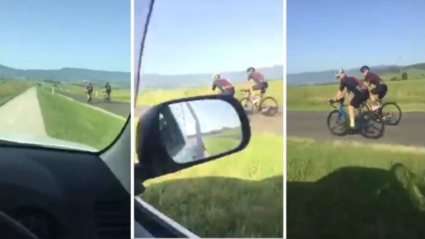 The man filmed himself driving along a shared cycleway and footpath to avoid cyclists, who were riding side-by-side on the road.