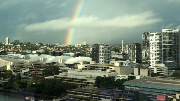 The rainbow above the River City on Sunday.