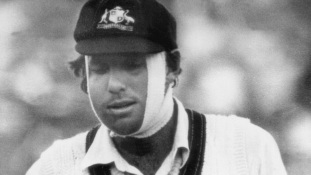 Australian batsman Rick McCosker playing with a broken jaw.