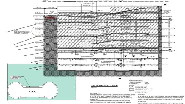 The basement plans submitted to Brisbane City Council show that part of the 30 Albert Street tower would push into the Cross River Rail tunnel envelope.