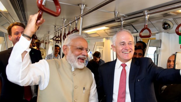 Prime Minister Malcolm Turnbull with Indian Prime Minister Narendra Modi on the Delhi Metro last year.