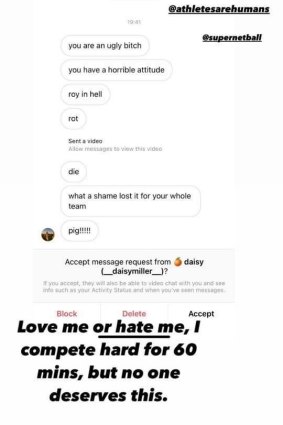 Jo Harten was sent the vile message via Instagram.