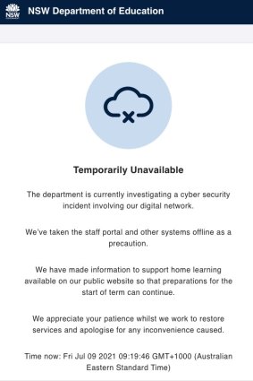 The NSW Department of Education message displayed on the staff portal regarding the recent cyber attack.