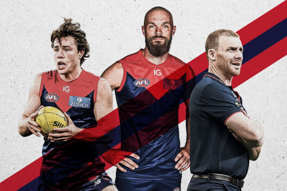 The Demons aim to regain respect in 2024. From left: Young gun Tom Sparrow, captain Max Gawn and coach Simon Goodwin.