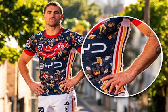 The Roosters’ Indigenous Round jersey, worn by Connor Watson, will feature adidas’ famous three white stripes being changed to red, black and yellow, the colours of the Aboriginal flag.