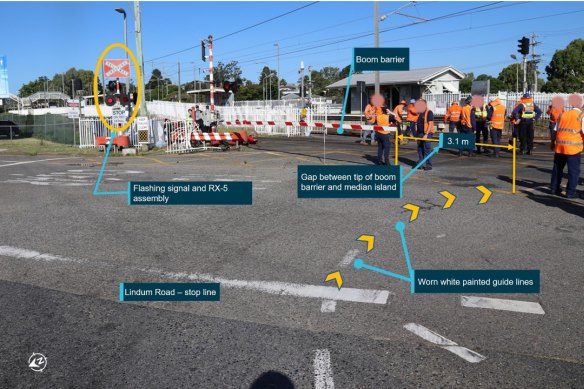 The Kianawah Road level crossing at Wynnum West in February 2021, where the boom gate was 3.1 metres too short.