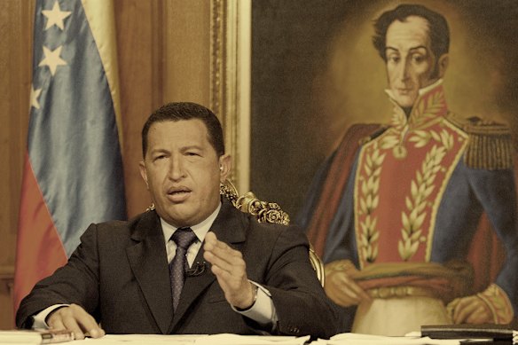 President Hugo Chavez makes a televised address in 2002 in front of a portrait of Caracas-born hero Simon Bolivar, who led the region to independence from Spain before dying of tuberculosis in 1830.