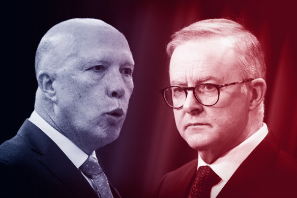 In the latest Resolve poll, Peter Dutton (left) leads Anthony Albanese on managing the economy, the budget, defence, migration and keeping costs down.