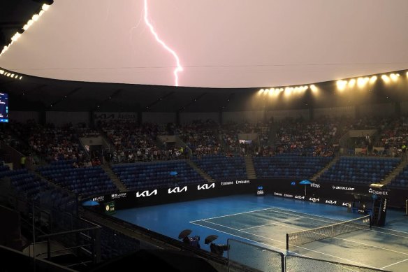 Lightning at Melbourne Park during wild weather on Sunday.