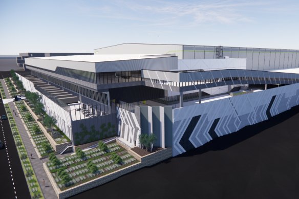 Renders of Woolworths’ planned $400m multi-storey fresh food and chilled distribution centre in Wetherill Park, Sydney