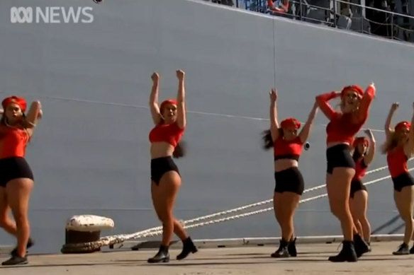 Dancer perform at the launch of the HMAS Supply in Sydney.
 