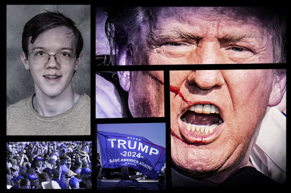 From left: Shooter Thomas Matthew Crooks, the rally at Butler, Pennsylvania, and a wounded Donald Trump.